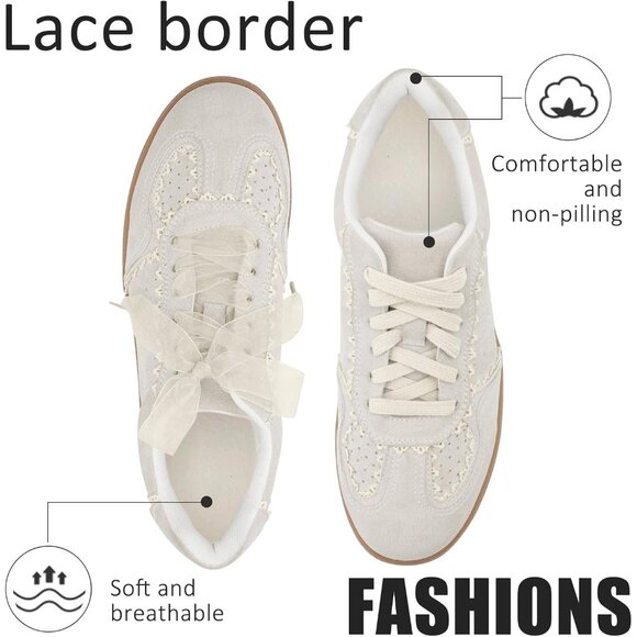 Women's Casual Crochet Lace Ribbon Ballet Trendy Cute Spring Tan Sneakers Shoes - Picture 7 of 9